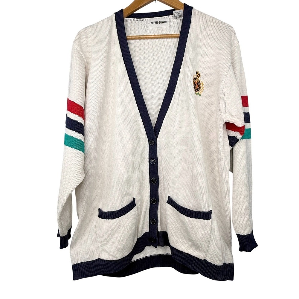 Alfred Dunner Preppy Cardigan Sweater Mens Large White Crest Striped Cotton Knit